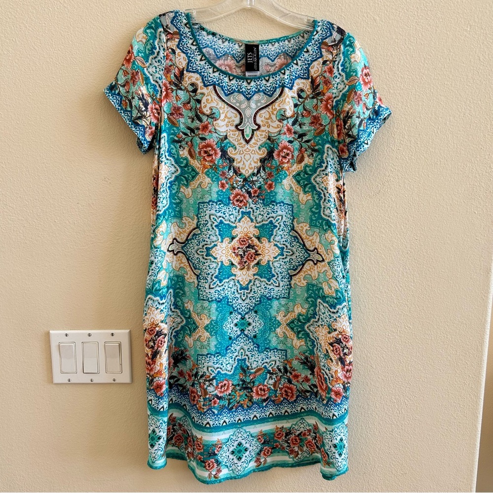 Jets Australia by Jessika Allen Silk Blend Print Mini Dress 6 Blue Green